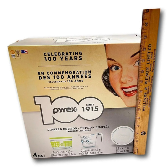 Pyrex Set 100th Anniversary 4 pc Polka Dot Green Bowl Measure Pie Plate 2015 New - Picture 11 of 11